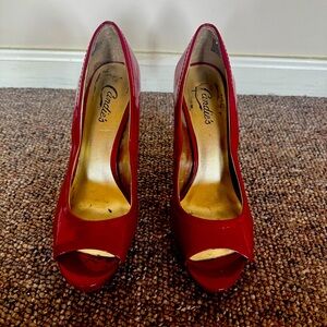 Retro, Vintage Candie’s‎ Candy Apple Red Peep Toe Pump Open toe leather w heel